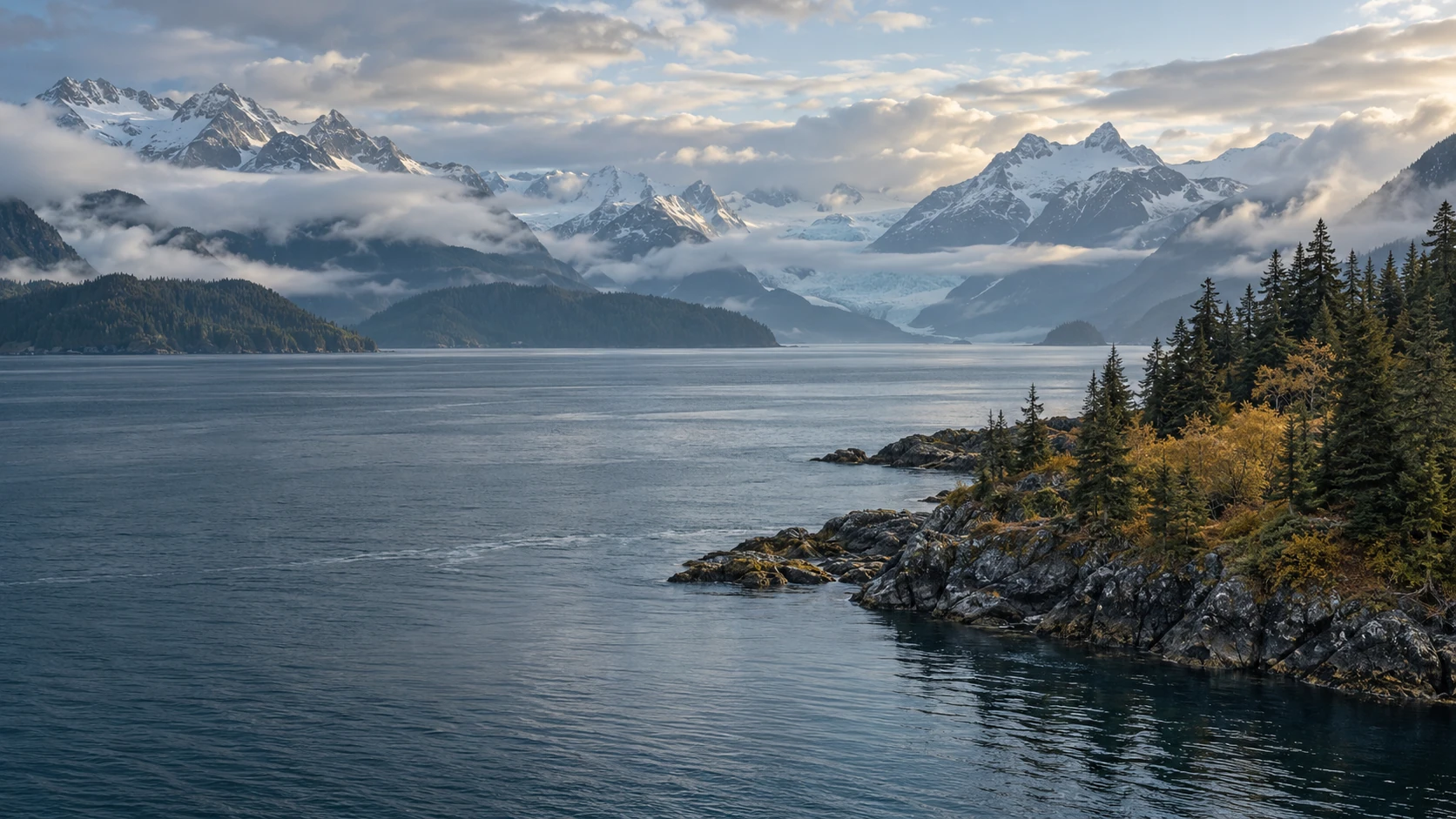 Conceptual Alaska-inspired mountain inlet; AI-generated, not a verified place